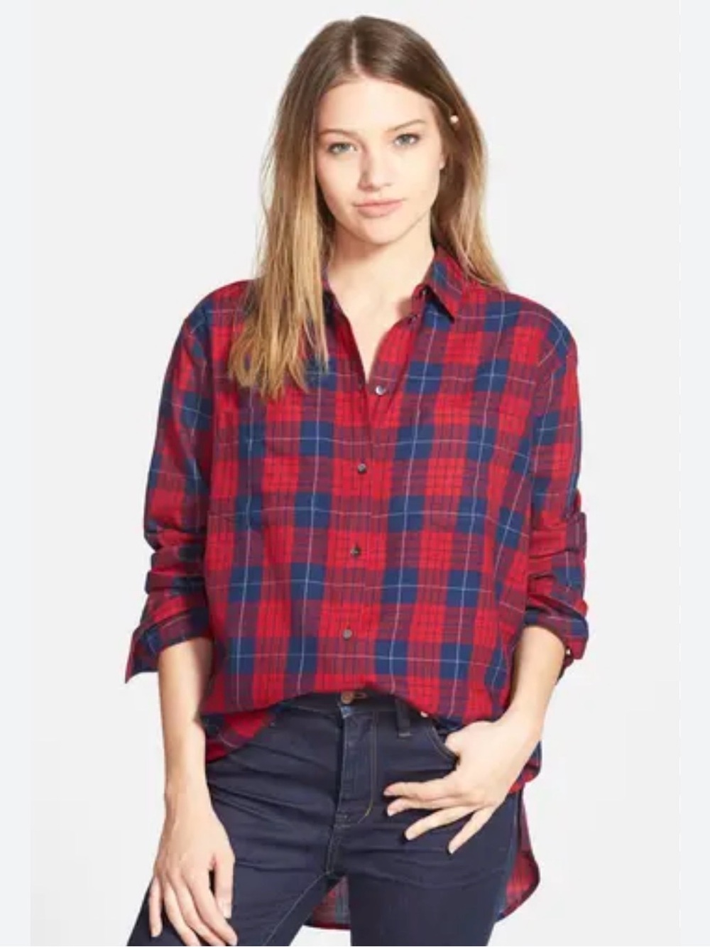 🧢Madewell Edina red/navy plaid button down shirt. Size XS.
